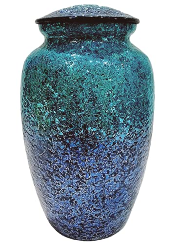 Mosaic Glass Cremation Urn - Hand Made Funeral Urn for Human Ashes - Large Adult Size Burial Urn - Hand Applied Individual Tiles Create a one of a Kind Work of Art - 200 cu in (Ocean Blue) - color: Ocean Blue