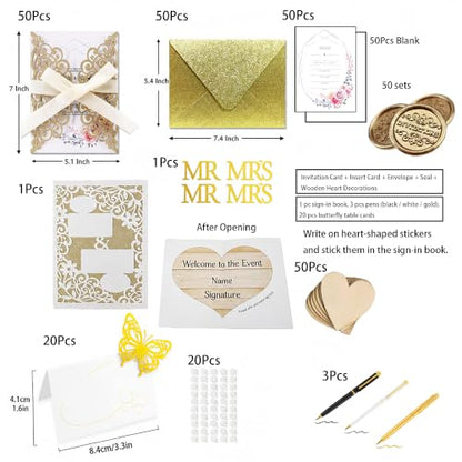 50Pcs Laser Cut Wedding Invitation With Glitter Envelopes And Ribbons Blank Personalized Card Invitaciones Para quinceañera Birthday Baby Shower Christmas Party Bridal Shower (Gold) - color: Gold