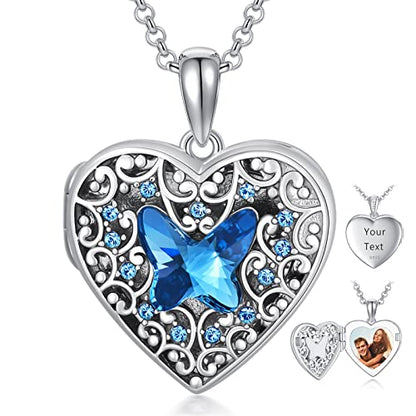Dorunmo Personalized Locket Necklace 925 Sterling Silver that Holds Pictures Butterfly Birthstone Photo Heart Locket Custom Jewelry Congratulations New Beginnings New Job Gifts for Women - color: Butterfly Blue, style: Personalized Photo + Text
