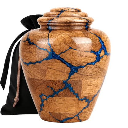Wooden Cremation Urn for Human Ashes Adult Male Urn for Ashes for Women and Man, Adult Size Decorative urn. Burial and Funeral Urn Large 200 Cu in Resin Inlay. - size: Large 200 Cu In Blue Fractal