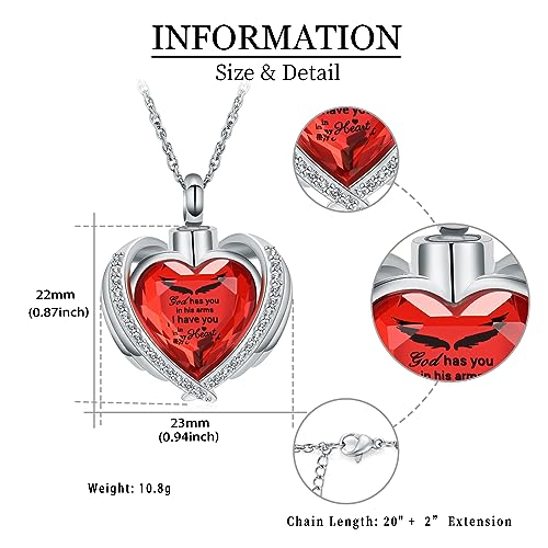 shajwo Angel Wing Heart Urn Ashes Necklace for Women Men | Cremation Jewelry,Birthstone Necklace of Loved One,Memorial Pendant for Human Pet - color: Silver-Red
