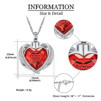 shajwo Angel Wing Heart Urn Ashes Necklace for Women Men | Cremation Jewelry,Birthstone Necklace of Loved One,Memorial Pendant for Human Pet - color: Silver-Red