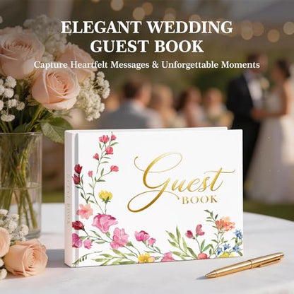EVERLORIA Wedding Guest Book, 108 Blank Pages Guest Sign in Book, Leather Hardcover Signature Guestbook for Wedding Reception Bridal Baby Shower Anniversary Quinceanera Birthday Graduation - color: Floral E