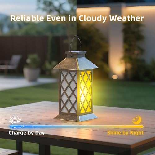 2 Pack 13" Solar Lanterns Outdoor Waterproof Cross Pattern | 2 pack 13-inch waterproof metal glass lanterns with flickering flame for patio, garden, porch, pathway and gifts for mom - style: Bronze-Cross01