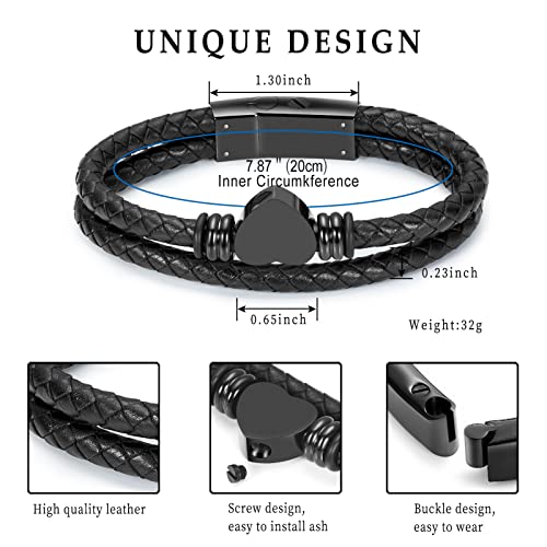 Oinsi Heart Urn Bracelet for Ashes, Cremation Jewelry Leather Bracelets for Men Women, Memorial Jewelry With Filling Kits - color: Black-20cm