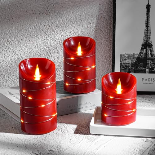 Rechargeable LED Candles, Real Wax, 4 5 6 in,Red, 3 Pack | USB Rechargeable Real Wax Candles with Remote, Timer and Star Lights - color: Red
