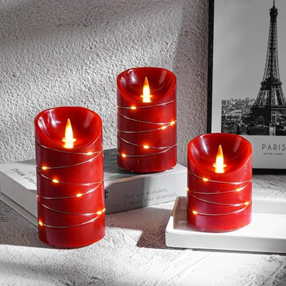 Rechargeable LED Candles, Real Wax, 4 5 6 in,Red, 3 Pack | USB Rechargeable Real Wax Candles with Remote, Timer and Star Lights - color: Red