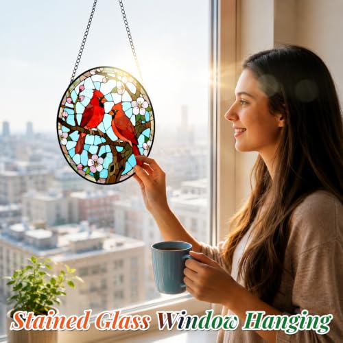 Cardinal Pair Stained Glass Suncatcher Window Hanging Bird Memorial Gift - color: Cardinals, size: 6.3x6.3 IN