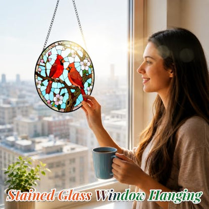 Cardinal Pair Stained Glass Suncatcher Window Hanging Bird Memorial Gift - color: Cardinals, size: 7.8x7.8 IN