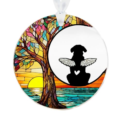 Dog Memorial Stained Glass Suncatcher, 3 Inch Pet Loss Sympathy Gift for Loss of Dog, Rainbow Bridge Dog Memorial Window Hanging Ornament with DIY Pet Name Pen, Dog Bereavement Gift - color: Sunset