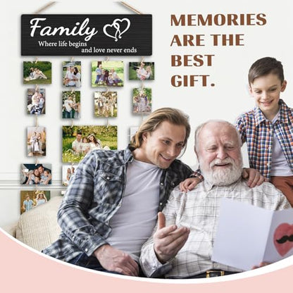 Family Collage Picture Frames,Housewarming Gifts | Gifts for Family Members Hanging Photo Display,Where Life Begins and Love Never Ends Wood Hanging Photo Holder for Wall - color: Family