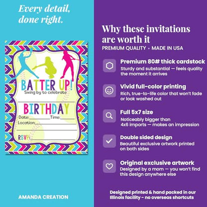 Amanda Creation Batter Up Softball Themed Birthday Party Invitations, 20 5x7 Fill-In Cards with Twenty White Envelopes - style: Batter Up Softball