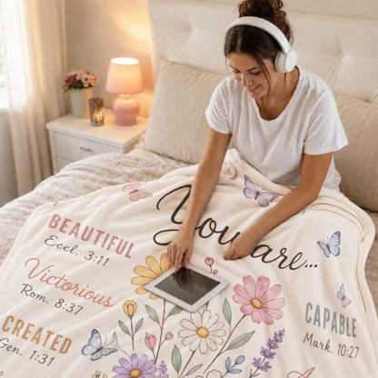 Christian Inspirational Blanket, 50×60in Soft Faith Flannel Blanket | "You Are..." with Floral Bible Verse Design Encouraging Message, Gift for Women, Mom, Daughter, Birthday & Christmas - color: Christian Blanket-02