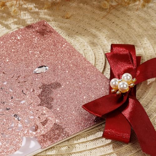 25Pcs Rose Gold Glitter Laser Cut Invitations with RSVP Card and Envelopes - color: Glitter Rose Gold
