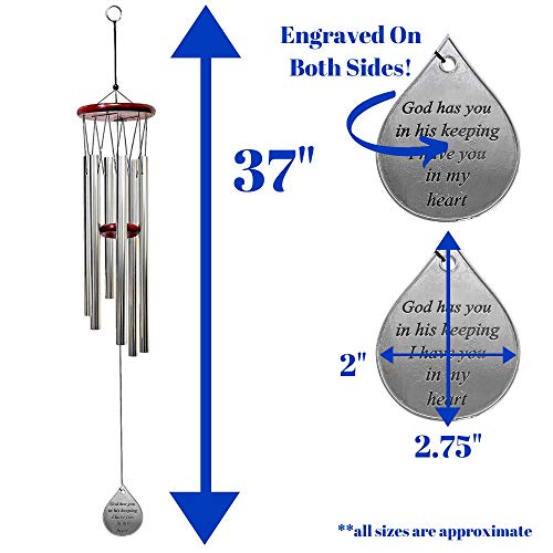 Memorial Wind Chimes Sympathy Gift – “God Has You in His Keeping I Have You in My Heart” – Engraved Teardrop Charm – Wooden Top Chime – Bereavement Gift for Loss – 37" Outdoor-Indoor
