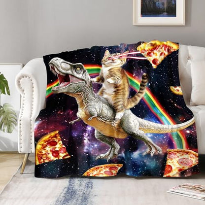 Aimego Funny Cat Blanket Gifts for Men Women Kids Cool Cat Riding Dinosaur on Fantasy Galaxy Cozy Travel Bed Couch Plush Boys Girls Birthday Christmas Lightweight Blanket 50"x60" - color: Funny Cat, size: 50"x60"