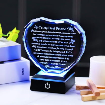Arikyrist Best Friend Birthday Gifts with LED Base Crystal Heart Friendship BFF Gifts for Women Best Friend Bestie Gift Ideas for Women Gift for Female Friends on Christmas Wedding Valentine's Day - style: Best Friend Gifts + Light Base