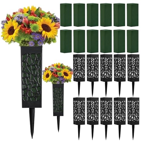 12 Pack Cemetery Vases, 12 Inch Grave Flower Holder with Long Spikes & Drainage Hole - Memorial Floral Arrangement Set with Foam Blocks for Graveyard