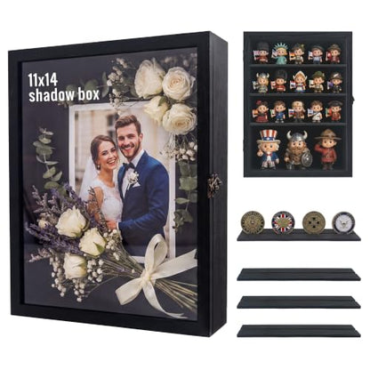 GMFrames 11x14 Wooden Shadow Box Frame with Removable Shelves Deep Display Case for Military Medals Keepsakes Black - color: Black, size: 11x14