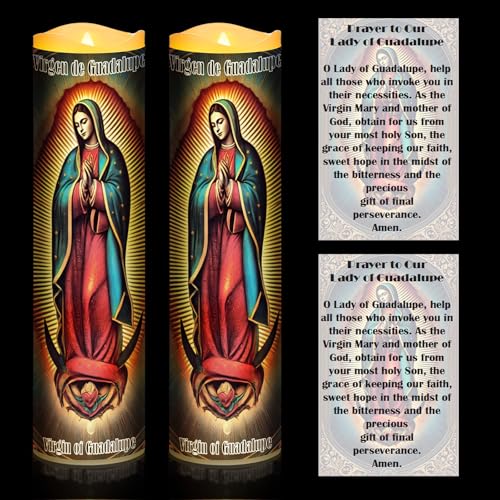2 Set LED Flameless Religious Candles with Card,Virgin of Guadalupe | Catholic Lady of Guadalupe, Battery Operated Altar Decor, Safe for Christmas Easter, Includes Devotional Prayer Cards