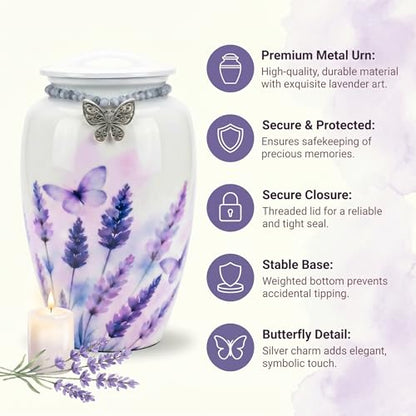 Lavender Butterfly Urn for Ashes Adult Female, Large Metal | Filigree Charm With Glass Beads, Holds upto 220lb Adults, Velvet Bag, Screw Top Lid, Memorial Keepsake, For Men & Women - color: White