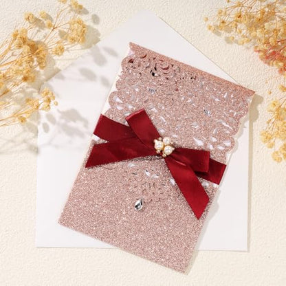 25Pcs Rose Gold Glitter Laser Cut Invitations with RSVP Card and Envelopes - color: Glitter Rose Gold