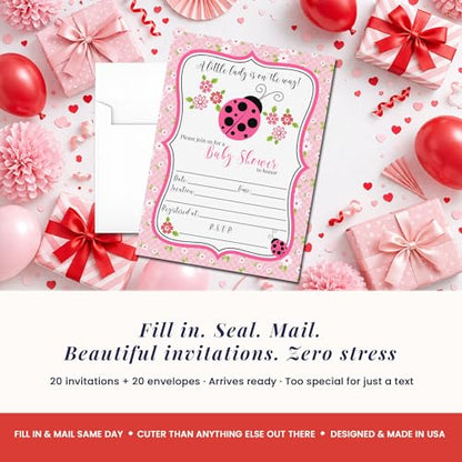 Amanda Creation Ladybug Baby Shower Invitations, 20 Fill-In 5x7 Love Bug Baby Shower Invitation Double-Sided Pink Ladybug Theme Invite Cards with White Envelopes - style: Pink Ladybug