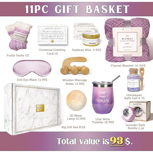 AHAGIFTREE Gift Baskets for Women,11PC Birthday Gifts,Think of You,Thankyou ,self care,care package,relaxation,new beginnings gifts for women,friend,mom,sister - color: Purple Pink
