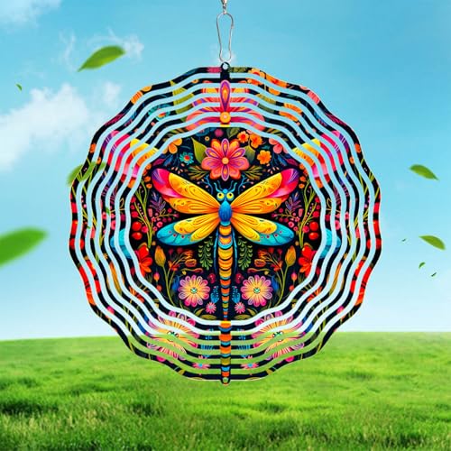 Dragonfly Wind Spinner, 3D Metal Kinetic Hanging Wind Sculpture Spinners for Yard and Garden Decoration, 10 inch Ornament Spinner - color: Dragonfly