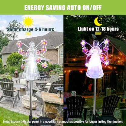 Flumy Angel Solar Lights Outdoor, 2 Packs Purple Solar Powered Garden Stake Lights for Cemetery Grave Decoration, Memorial Gifts for Yard Garden Outside Eternal Lawn Lamp Sympathy Gift