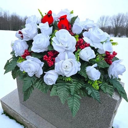 Christmas Memorial Saddle with White Roses, Red Berries, and Red Birds - Winter Memorial Flowers for Grave, Headstone, or Funeral Flowers
