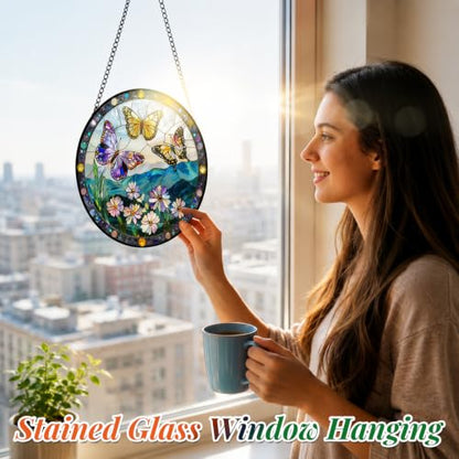 Stained Glass Butterfly Suncatcher Window Hanging Birthday Gifts for Women - color: Butterflies, size: 6.3x6.3 IN