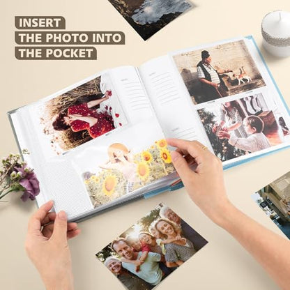 Photo Album Hold 200 4x6 Photos with Memo Writing Space (Grey&Light Blue) | Faux Leather Picture Book Fits 4x6 Photo, 200 Pockets Great for Wedding Family Holidays - color: Grey & Light Blue