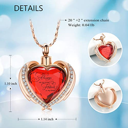 Imrsanl Cremation Jewelry for Ashes Pendant - Crystal Heart Urn Necklace with Mini Keepsake Urn Memorial Ash Jewelry - color: Rose Gold-Red Stone