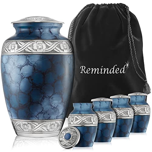 Reminded Set of 5 Decorative Cremation Urns for Human Ashes - 1 Brass Adult + 4 Keepsake Token Size, Blue - color: Blue