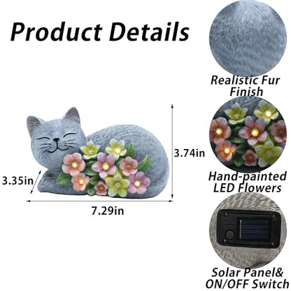 Solar Cat Garden Statue, Resin Solar Cat Lights for Outside - color: Gray With Colorful Flowers--lying Cat