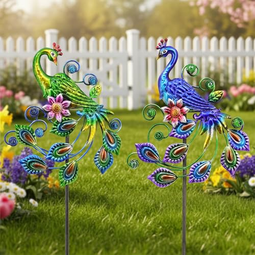 2 Pack Peacock Metal Garden Stakes 29.5in Rustproof Yard Art Outdoor | UV-Protective Coating、Embossed Scrollwork、Outdoor Use、Artisan-Crafted、Timeless Elegance - color: Peacock Ground Stake