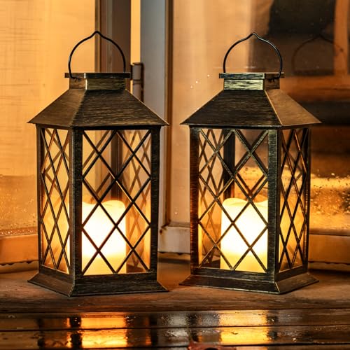 Homemory 2 Pack 13'' Copper Solar Lanterns, Flickering Flame Hanging Lights - color: Bronze