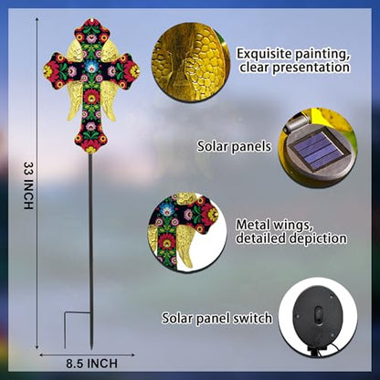 Solar Cross Lights with Angel Wings, Pink and Gold Floral Design, Memorial Garden Stake, Warm White LED, Weather Resistant, 36 Inch - color: Pink and Gold Floral