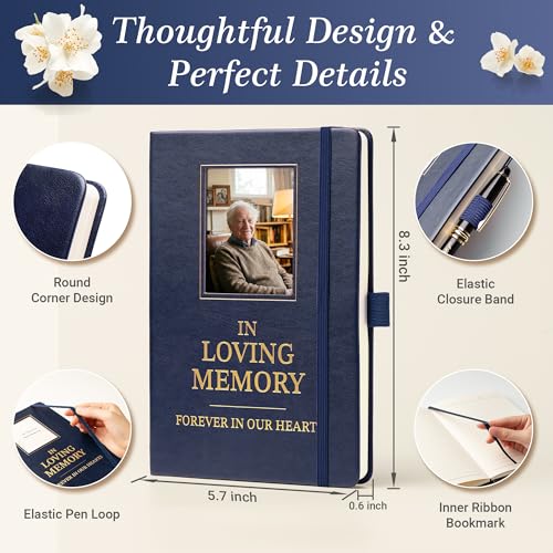 Memorial Leather Journal with Photo Window, Sympathy Gifts for Loss of Loved One in Heaven, In Loving Memory Notebook A5 Grief Journal, 200 Pages with Pen & Pocket Hug Keychain (Blue) - color: Blue