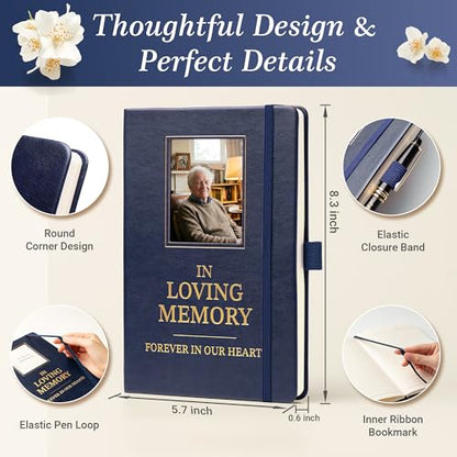 Memorial Leather Journal with Photo Window, Sympathy Gifts for Loss of Loved One in Heaven, In Loving Memory Notebook A5 Grief Journal, 200 Pages with Pen & Pocket Hug Keychain (Blue) - color: Blue