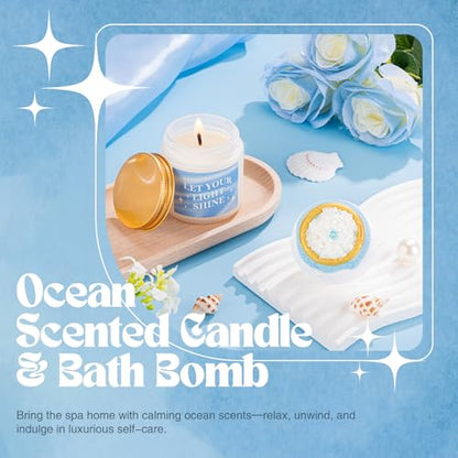 Gifts for Women, 8pcs Ocean Happy Birthday Gifts for Women, Christmas Ideas Inspirational Get Well Soon Gift Baskets Mothers Day Box w/Seashell Tote Bag for Her Mom Sister Friend Friendship - color: Blue