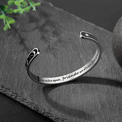 TONY & SANDY Inspirational Bracelets for Women Teen Girls Personalized Gifts for Daughter Granddaughter Mom Sister Friends Stainless Steel Engraved Cuff Birthday Easter Christmas - style: A - Friend Gifts - Sun & Moon - Side by side or miles apart, friend