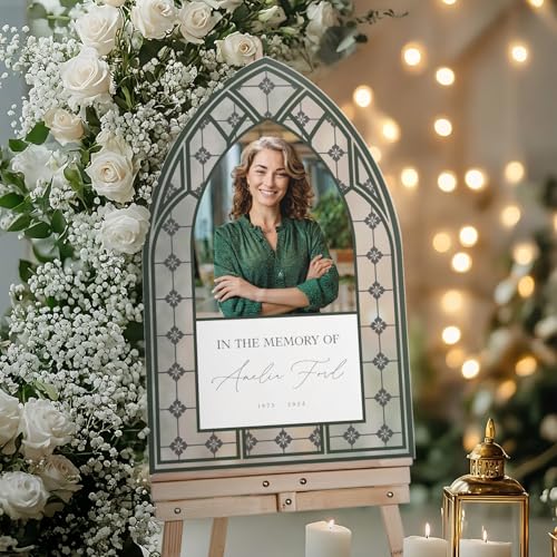 Stained Glass In Loving Memory Sign - Custom Funeral Welcome Sign with Photo - Personalized Memorial Keepsake - color: Sign 14