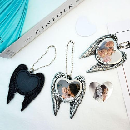 6 Set Sublimation Angel Wing Ornament Blanks Metal Love Heart Pendant Personalized Car Hanging Ornaments with Blank Photo for Home Window DIY Picture Crafts Silver
