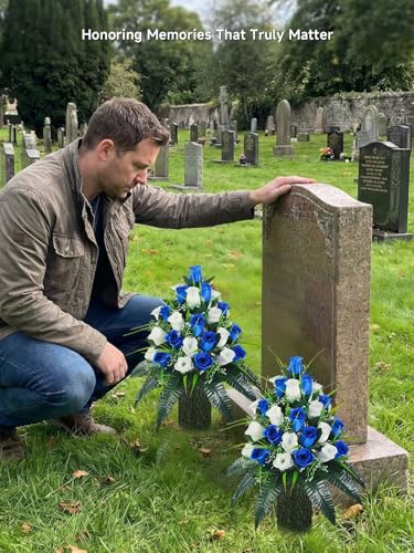 Mirevielyn 2-Pack 24 Stems Artificial Rose Cemetery Flowers with Vases - color: Royal Blue & White