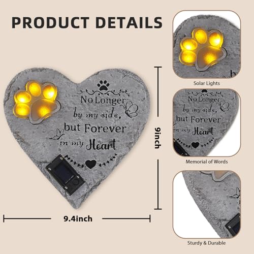 Pet Memorial Stone Solar Lighted Glowing Paw Print Heart Statue 10" | Pet Headstones For Dogs Cats with "Forever in My Heart" Engraved, Waterproof Resin Loss of Dog Sympathy Gift - color: Heart Pet