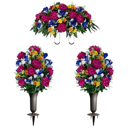 Sympathy Silks - Artificial Flowers for Cemeteries - Fuchsia Mums with Blue Iris - (1) Headstone Saddle (2) Bouquets (2) Vases - size: (1) Saddle (2) Bouquets (2) Vases
