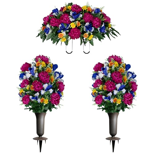 Sympathy Silks - Artificial Flowers for Cemeteries - Fuchsia Mums with Blue Iris - (1) Headstone Saddle (2) Bouquets (2) Vases - size: (1) Saddle (2) Bouquets (2) Vases