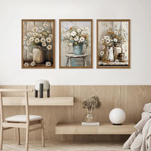 DUWQU Triptych Rustic Farmhouse Daisy Framed Canvas Wall Art 20x30 inch x3 - color: flower(Framed), size: 30"L x 20"W